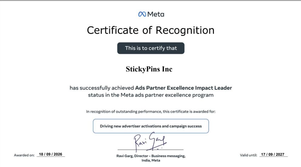 Meta Certificate of Recognition awarded to StickyPins Inc for achieving Ads Partner Excellence Impact Leader status, signed by Ravi Garg, Director – Business messaging, India, Meta